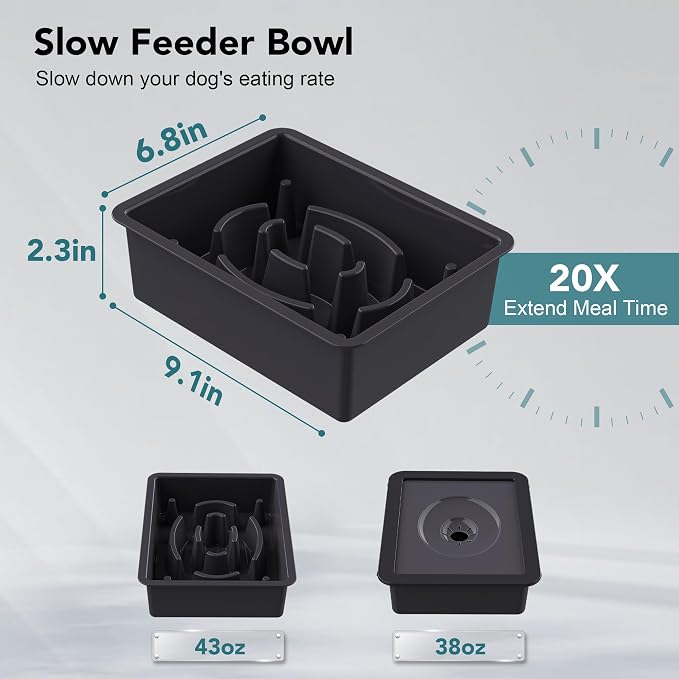 UPSKY 2-in-1 Elevated Dog Bowls Set with 4 Height Adjustable Stand, Balck | No Spill Water Bowl, Slow Food Bowl, No-Splash, Anti-Slip, Dishwasher Safe, Folding Design, Suitable for Small Medium Dogs