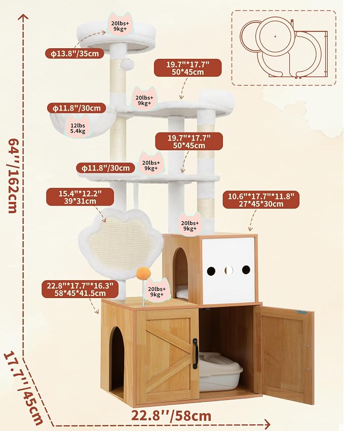 Heybly Cat Tree with Litter Box Enclosure, Modern 64" Hidden Tower HCT105WB | All-in-One Solid Wood Cat Condo for Indoor Cats with Paw-Shaped Board, Multi-Level Perch & Playzone, Walnut