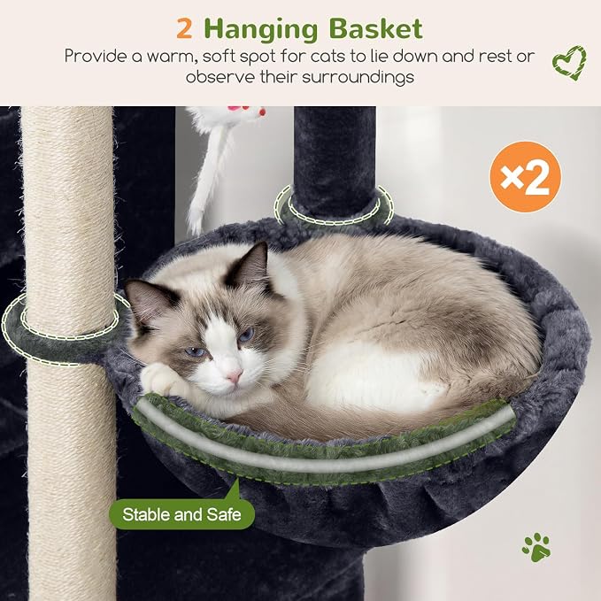 Globlazer Cat Tree Tower for Indoor Cats, Sturdy Adult Cat Tree House for Large Adult Cats with 2 Platform, 6 Cat Scratching Post, 2 Cat Caves, Dangling Toys, S63, 63 inch, Dark Grey