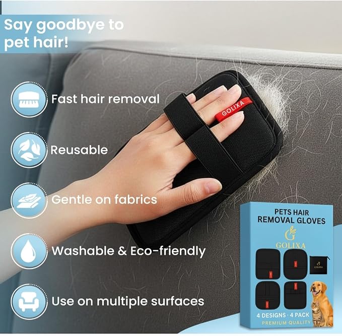 4 Pack Pet Hair Removal Glove for Dogs & Cats, 4 Designs Electrostatic Magic Brush Pet Hair Remover, Reusable Dog Hair Remover, Washable Pet Grooming Tools for Carpet, Sofa, Clothes & Car Seats