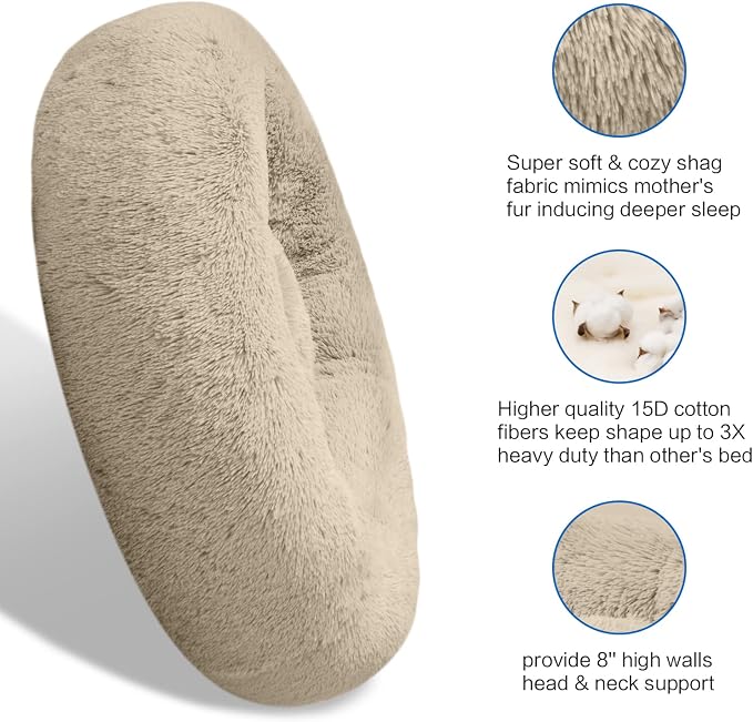 SAVFOX 45 inches Calming Donut Dog Bed - 3X Durable Plush Faux Fur, Machine Washable & Non-Slip, Fits up to 150 lbs, Beige