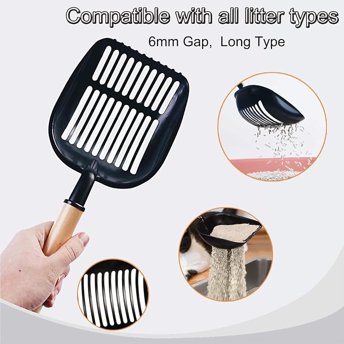 FANGSUN Metal Cat Litter Scoop Wood Handle with Deep Shovel Non Stick Plates, Kitty Cats Litter, Free Storage Holder