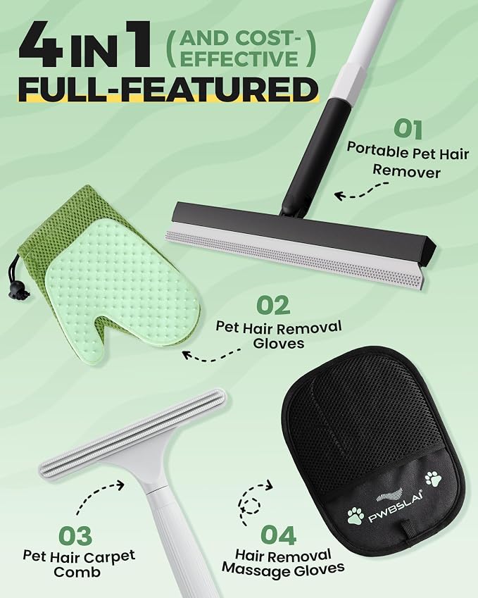 Carpet Rake for Pet Hair Removal Tool - 4 in 1 Pet Hair Remover Kit for Dog Cat Fur Remover, Contain 60" Adjustable Rubber Broom, Glove, Magic Brush and Scraper for Furniture (Black)
