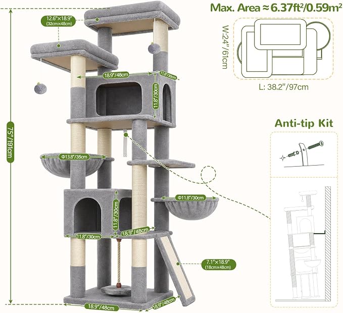 Globlazer 75in Tall Cat Tree Tower for Indoor Cats, F75B, Beige | Large Cat Tree for Indoor Cats Large Adult, Multi-Level Cat Tower with 7 Scratching Posts, 2 Cat Condos, 2 Top Perches