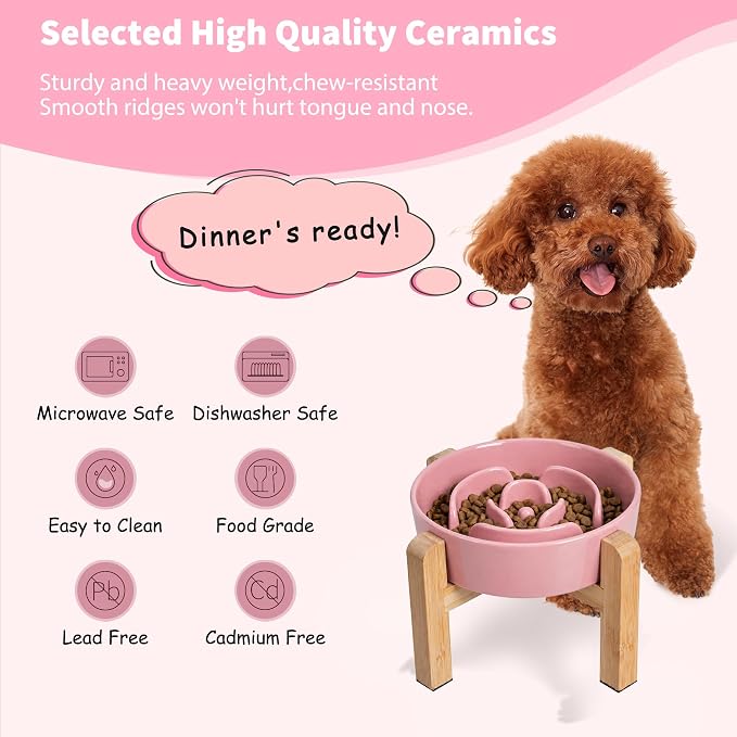 Elevated Slow Feeder Dog Bowl - Ceramic Maze Food Dish with Bamboo Stand - Raised Feeding Bowl for Fast Eaters - Ideal for Small and Medium Dogs - Pink - 6.7 inch