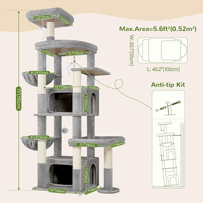 Globlazer 75in Sturdy Cat Tree Tower for Indoor Large Cat, S75, Light Grey | Multi-Level Heavy Duty Cat Tower with Scratching Post, Oversized Condos & Perches for Big Cats, Large Baskets, Enlarged Base