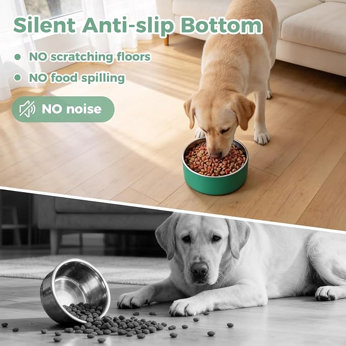 LIHONG Stainless Steel Dog Bowls for Large Dogs,Dog Food Water Bowls with Non Slip Rubber Bottom,Pet Feeding Bowl,Double Wall Insulated,Rustproof(64oz,Deep Green)