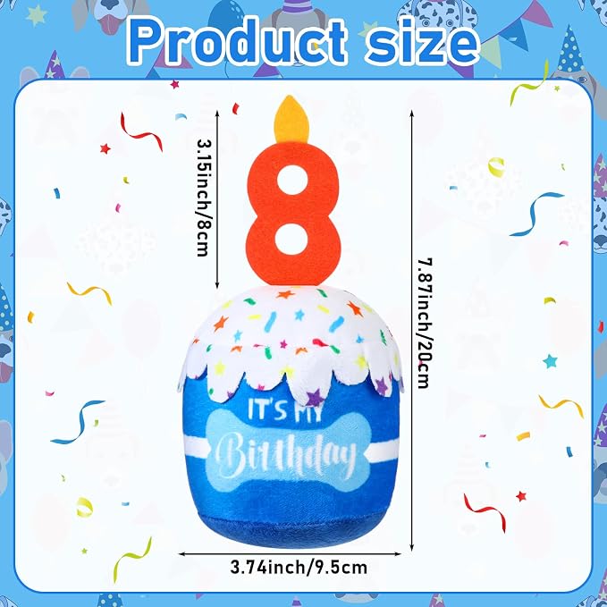 Dansydaisy Dog Birthday Cake Toy Squeaky Plush Toy for Girl Boy Gifts, Chew Accessories for Dog Birthday Party Decor Favor for Large, Medium and Small Dogs(8th,Blue)