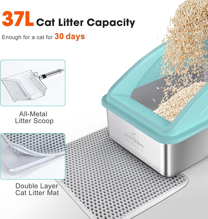 AIPERRO Stainless Steel Litter Box | XL Enclosed Cat Litter Boxs with Lid for Big Cats | High Sided, Anti-Urine Leakage | Non-Stick Bottom & Includes Litter Mat & Metal Scoop (Turquoise, X-Large)