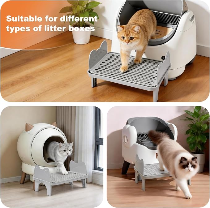 Uross Cat Litter Box Step, Extra Large Litter Box Ramp/Stairs with Detachable Splash-Proof Side Baffles, Anti-Tracking Litter Catcher, Easy to Clean, Non-Slip Step for Small & Elderly Cats (Grey)