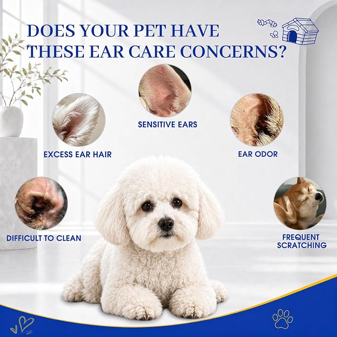 Upgraded Dog Ear Powder with 5.5 Inch Hair Removal Tool | Pet Ear Grooming Cleaner | Ear Wax Remover | Supports Fresh-Feeling Ears | Absorbs Moisture