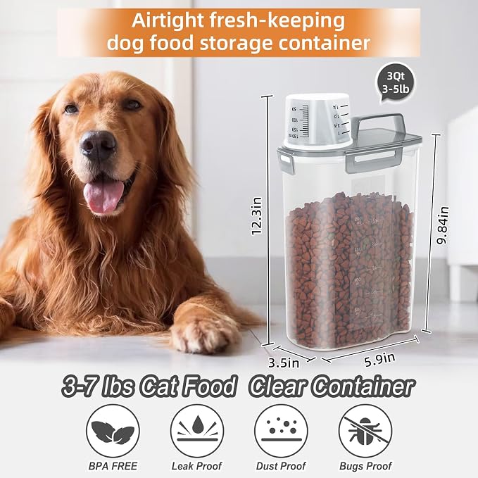 LEAWALK 3-5Lbs Airtight Small Cat Dog Pet Food Storage Containers BPA Free, with Large Pour Spout/1 Measuring Cup/ 4 Safety Locks and Double-layer Silicone Strip (Clear Grey 3Pack)