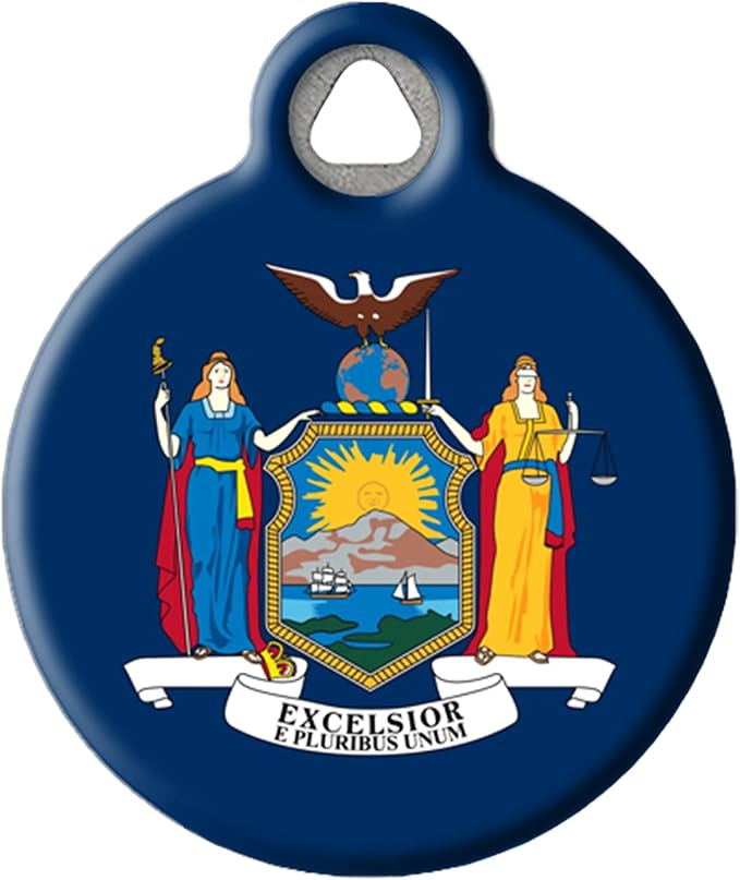 New York State Flag Personalized Pet ID Tag for Dogs and Cats, Silent Polymer Coated Stainless Steel New York Nametag - Small .875 Diameter