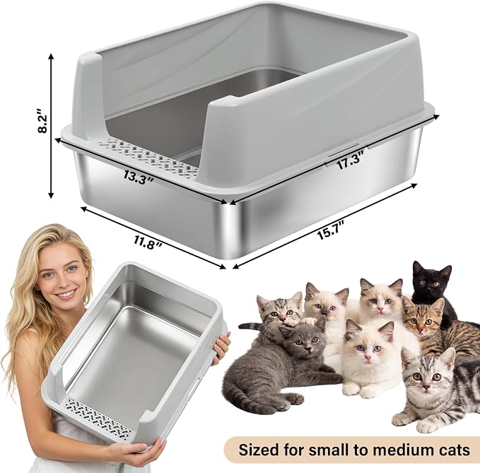 Stainless Steel Litter Box with Lid, Metal Litter Box No Odors,Cat LitterBox for Small to Medium Cats, Non Stick, Easy Cleaning