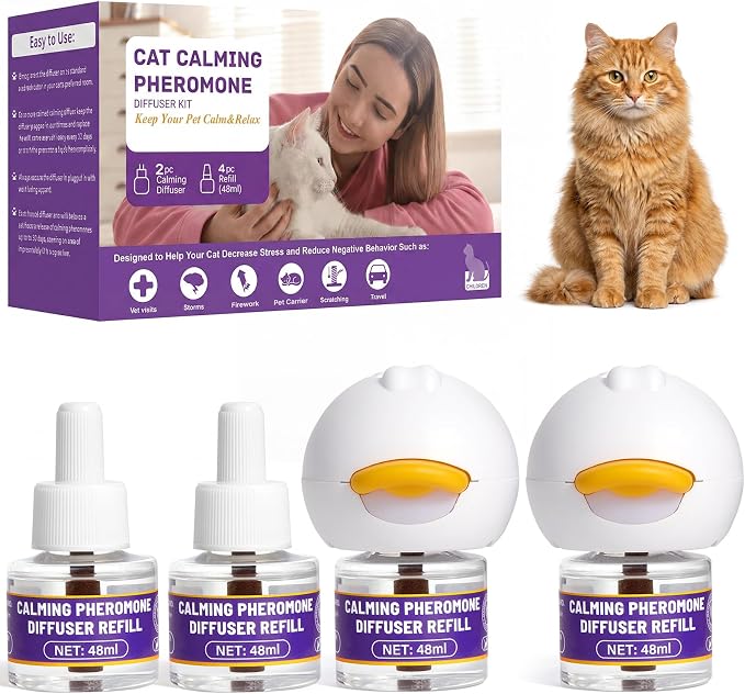 Cat Calming Pheromone Diffuser Starter Kit, 120-Day, for Multi-Cat Homes | Drug-free plug-in calms stress, hiding & aggression, 4 refills for 120 days, safe for kittens & humans; covers 700 sq ft