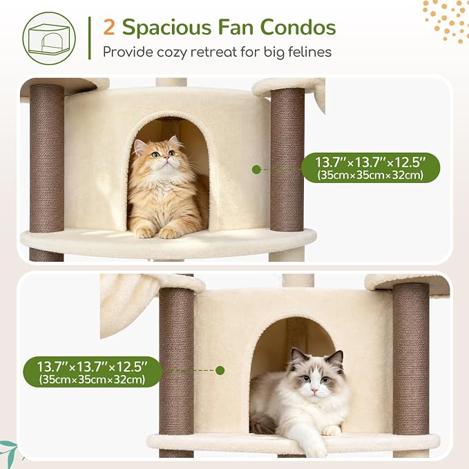Globlazer 73in Corner Stable Cat Tree for Indoor Cats, C73, Beige | Space-Saving Multi-Level Climbing Tower, Large Fan-Shaped Condos & Top Perch, 8 Full-Sisal Posts & Board, Metal Baskets