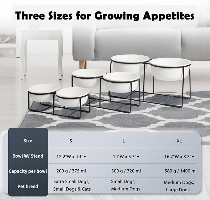 Ceramic Elevated Dog Bowl Set - Raised Food and Water Bowls with Metal Stand - Double Pet Dishes for Small and Medium Dogs - 3 Cups - 24.3 fl oz - Matte White