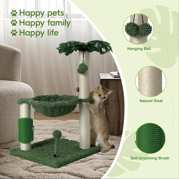 MECOOL Small Cat Tree Tower Scratching Post with Hammock for Indoor Kittens and Small Cats up to 7lb,Self-Massage Bursh Hanging Ball Toys,Monstera deliciosa Green