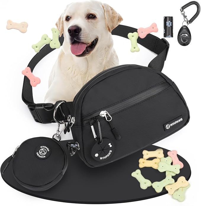 Dog Treat Pouch Pet Training Walking Fanny Pack with Built-in Poop Bag Dispenser & Waste Bag Holder | Stylish Puppy Training Essentials Supplies | Free Dog Clicker (Black)
