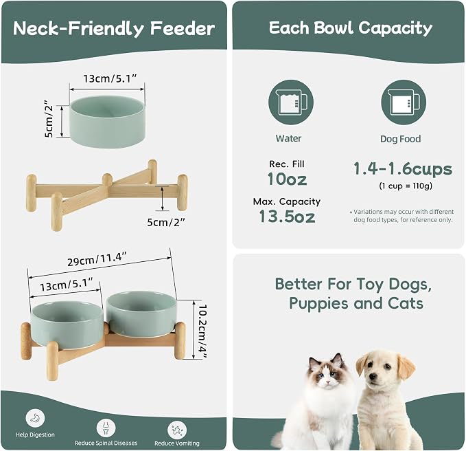 Havniva 5.1inch Ceramic Raised Dog Bowl with Stand, Double Dog Bowls Elevated for Small Breed Dog Food and Water Bowl Set Non-Slip Dog Dish Large Capacity Feeding Pet Water Bowl