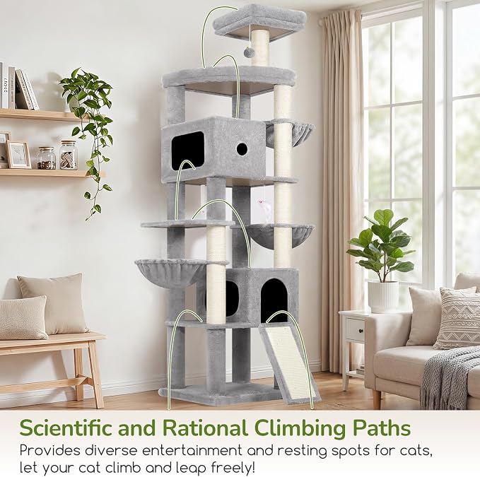 Globlazer F83C Pro Max Heavy Duty Maine Coon Cat Tree, 83in Tall Tower | Easy Assembly, Large Cats, 2 Condos, 3 Hanging Baskets, 2 Perches, 7 Sisal Scratching Posts, Anti-Topple Strap, Light Grey