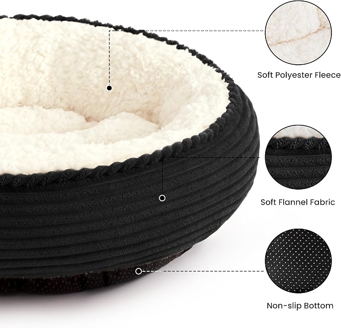 Love's cabin Round Donut Cat and Dog Cushion Bed, 24in Pet Bed for Small or Medium Dogs, Anti-Slip & Water-Resistant Bottom, Soft Durable Fabric Pet Beds, Washable Calming Cat Bed Black