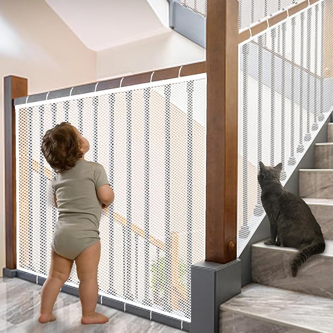 Baby Gate for Stairs, Banister Guard for Kids, Pets, Toys, 59ft L x 2.66 ft H, Mesh Netting Safety Net for Balcony Rail Stair, Stairway Net Baby Safety Products for Indoor & Outdoor (White)
