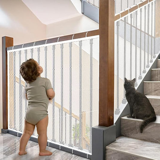 Baby Gate for Stairs, Banister Guard for Kids, Pets, Toys, 59ft L x 2.66 ft H, Mesh Netting Safety Net for Balcony Rail Stair, Stairway Net Baby Safety Products for Indoor & Outdoor (White)