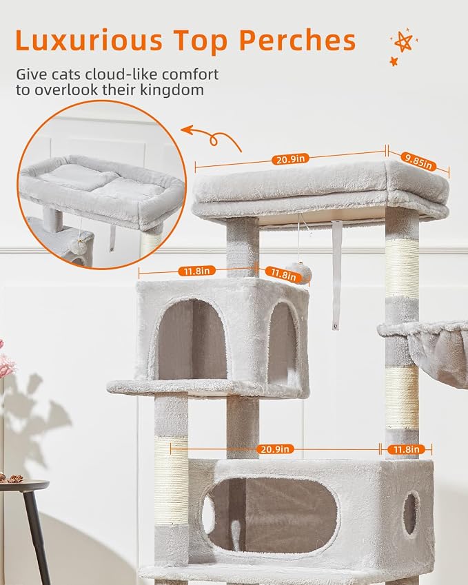 Taoqimiao Cat Tree, 49In Cat Tower for Indoor Cats Large Adult | 2 Luxurious Cat Condos, Thick Padded Top Perch, Adjustable Hanging Baskets, 5 Scratching Sisal Posts, Light Gray MS029LW