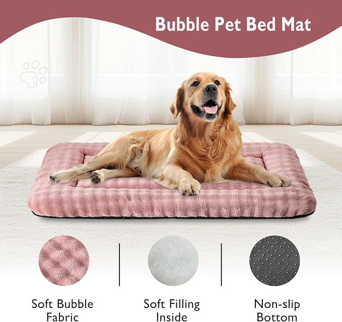 Dog Bed Mat Crate Pad for Large Dogs, Dusty Pink, 42"x 28" | Washable Soft Pet Sleeping Mat, Anti-Slip Kennel Pad with 3D Bubble Pattern