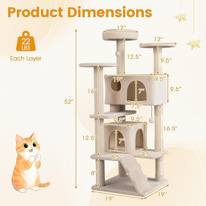 52-inch Cat Tree, Multi-Level Cat Tower with Sisal Scratching Posts, 2 Comfy Condos, Plush Padded Soft Top Perch, Dangling Balls, and Climbing Ladder, Ideal for Indoor Cats (Beige)