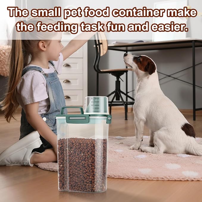 TBMax Small Dog Food Storage Container 3 Qt with Cat Food Can Cover and Mixing Spoon, Portable Travel Pet Food Dispenser with Large Spout and Cup -Bottle Green