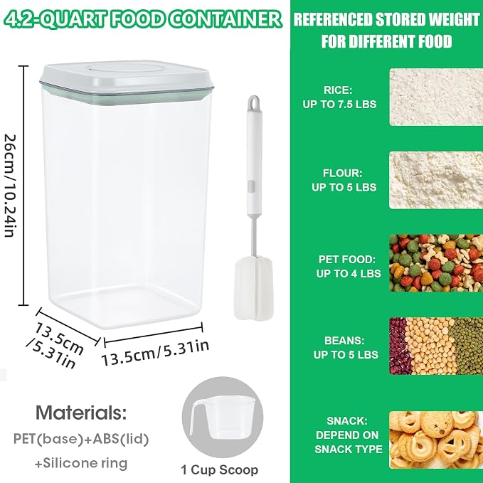 4.2 Qt Airtight Flour Rice Storage Container with Pop-up Lid Sugar Holder | Crystal-Clear BPA Free Plastic Spaghetti Containers, Tall and Slim Food Storage Bin for Kitchen Pantry Organization