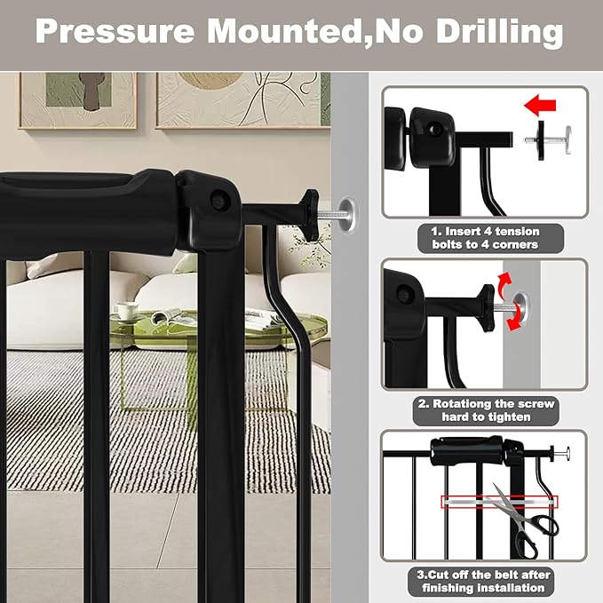 Fairy Baby Extra Wide Baby Gate Black 57.5-62 Inch Wide, Walk Through Pressure Mounted No Drill for Doorways, Long and Large Tension Dog Gates for Pet and Kids