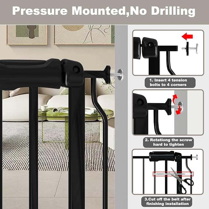 Fairy Baby Extra Wide Baby Gate Black 62-67 Inch Wide, Walk Through Pressure Mounted No Drill for Doorways, Long and Large Tension Gate for Pet and Kids