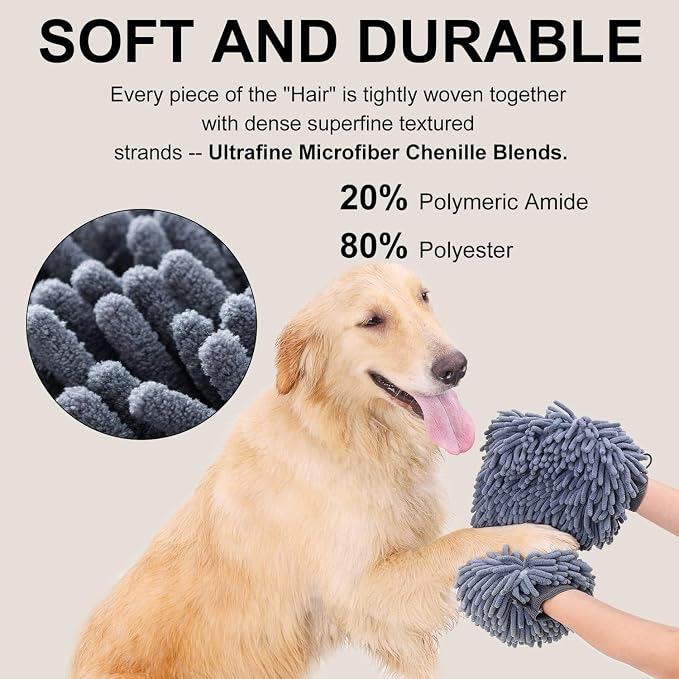 Super Absorbent Dog Dry Bath Gloves, Chenille Microfiber Pet Dirty Dogs Grooming Glove, Suitable for All Dog Breeds, For Wiping Wet Paws and Bodies, Machine Washable 2 Pack