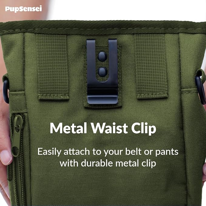 Dog Treat Pouch for Training – Magnetic Dog Treat Bag with Belt Clip & Poop Bag Dispenser – Hands Free Carry Pouch with Auto-Close Access & Shoulder Strap – Durable Pet Gear – Army Green