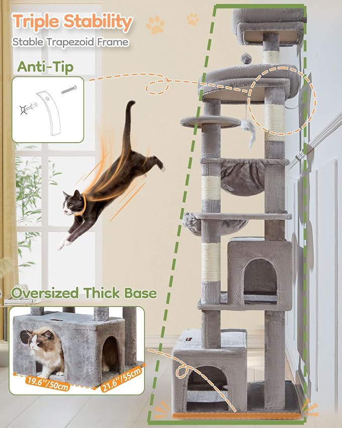 Taoqimiao 76.8in Cat Tree, Heavy Duty Tall Cat Tower for Large Cats F40W | Easy Climbing, Extra Large Sturdy Base, Multi-level Tower, 7 Scratching Posts, Large Hammock, 2 Houses, 2 Perches