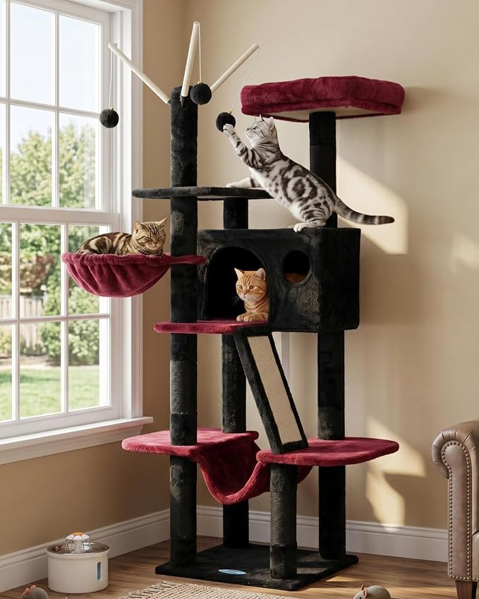 Hey-brother Cat Tree Tower with Padded Platform Bed, Hammock, MPJ019-SBR | 53 Inches Cat House with Large Cozy Condo, Toy Balls and Sisal Scratching Posts for Indoor Multi-Cats, Black and Red