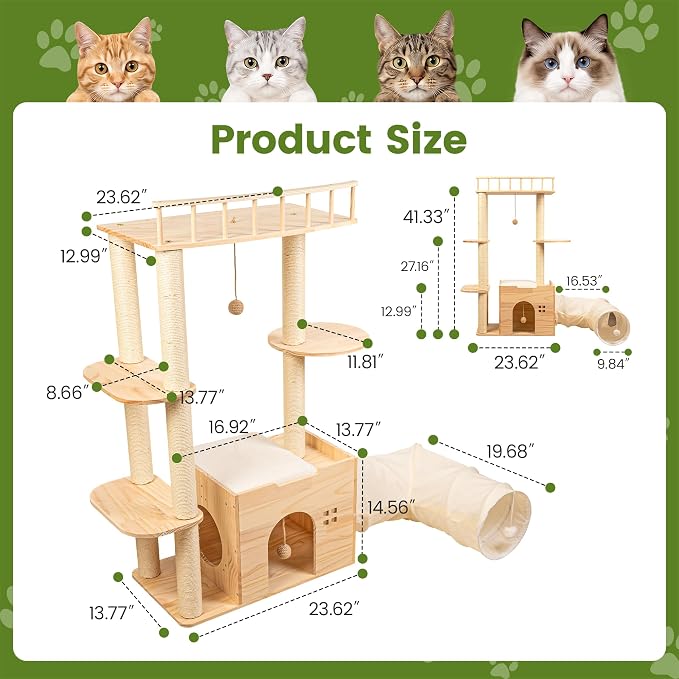 45 Inch Solid Wood Cat Tree, Modern Cat Tower for Indoor Cats, Cat Condo with Single Tunnel, Sisal Scratching Posts, High Perch Platform, Washable Cushion, Hanging Balls, Natural