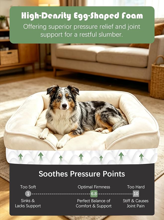 Spotted Play Orthopedic Dog Bed with Sides - Sofa Beds for Large Dogs, Supportive Foam Pet Couch Bed with Washable Removable Cover, Waterproof Lining and Non-Slip Bottom, Ivory - L