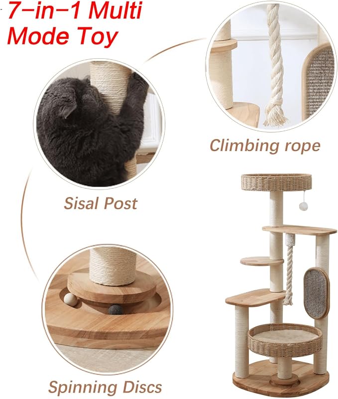 48in Natural Wood Cat Tree for Large Cats, Big Modern Cat Tower | Sturdy Cat Condo, Tall Modern Design, with Scratching Post and Hand-Woven Cat Basket, for Multi Adult Cats, Easy to Clean