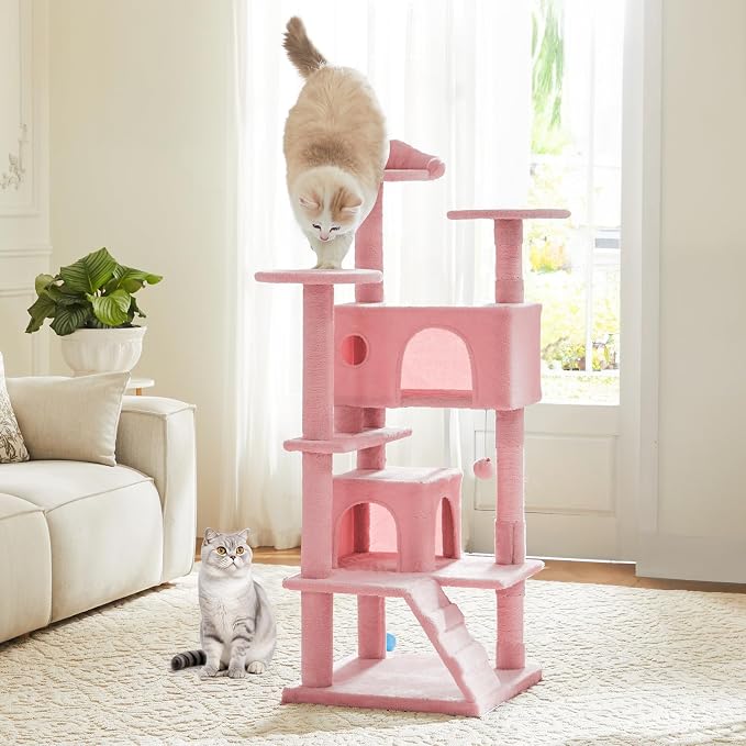 DUMOS 54 Inch Cat Tree Tower with Scratching Posts, Indoor Use | Multi-Level Pet House for Large Cats with Round Platform, 2 Condos, Small Ladder and Toys, Pink