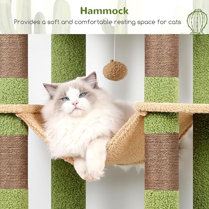Globlazer Cactus Giant Tall Heavy Duty Cat Tower for Indoor Large Cat, F83B | XXL Multi-Level Large Cat Condo with 8 Scratching Posts, Hammock, 2 Cat Caves, 2 Platform, Green