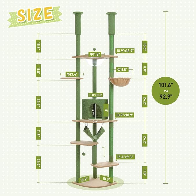 PEQULTI Floor to Ceiling Cat Tree, 92.9-101.6in Adjustable Cat Tower, Green | Adjustable tower braces floor to ceiling; cozy condo, large hammock, perches & 9 sisal posts on fan base with anti-tip strap