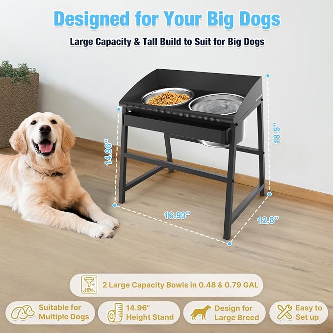 Bobbie & Laxi 15" Tilted Elevated Dog Bowl, Large Breeds Non-Spill Design | Raised Dog Bowl with Stand; Stainless Steel Food&Water Bowl Set with Splash Guard; Easy Clean for Indoor Dry-Use Areas