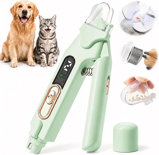 2-in-1 Dog Cat Nail Clippers & Grinder with LED Light, Pet Nail Trimmer with Splash Guard & Safety Lock, 2 Speeds USB Rechargeable Quiet Paw Nail Cutter for Large Medium Small Dogs Cats (Green)