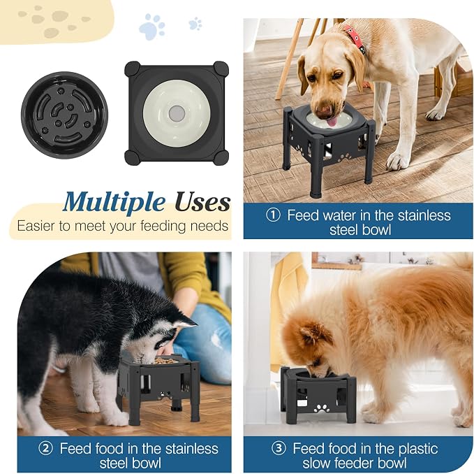 Lewondr Elevated Dog Water Bowl No Spill with 3 Heights Adjustable Stand | Water & Slow Feeder Bowls, Adjustable Dog Slow Feeder Bowl Non-Slip Dog Bowl Stand for Medium Large Breed