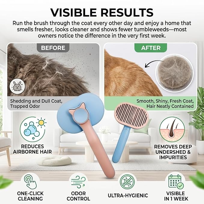 Self Cleaning Slicker Brush for Dogs and Cats | 2 in 1 Grooming Tool, Removes Loose Undercoat Tangles, Shedding Hair, Massage Bristles, Anti-Slip Handle, Long and Short Hair