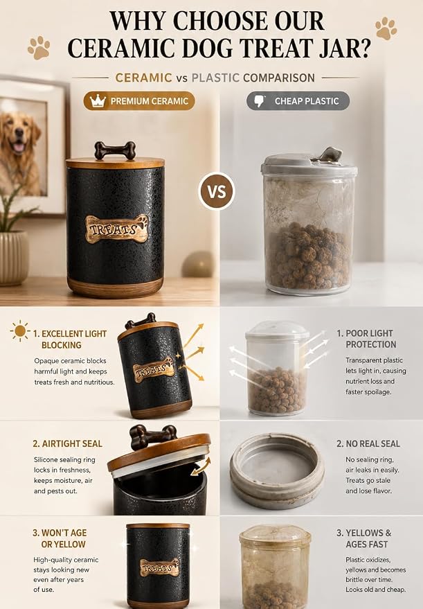 Miamolo Dog Treat Container Jar, Ceramic Airtight Dog Food Storage Container with Lid and Handle, Dog Treats Cookie Snack Jar Canister for Kitchen Counter, Gift for Dog Owners, Bone Glinting Black